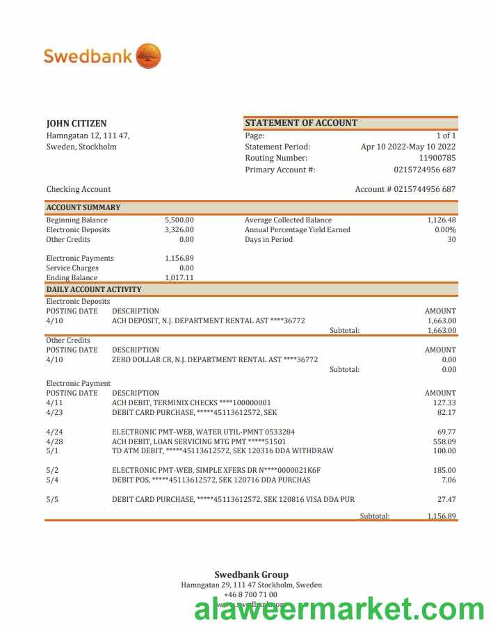 Sweden Swedbank bank statement xls